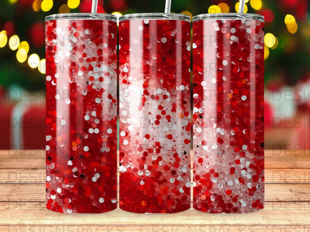 Red glitter tumbler with festive bokeh lights background.