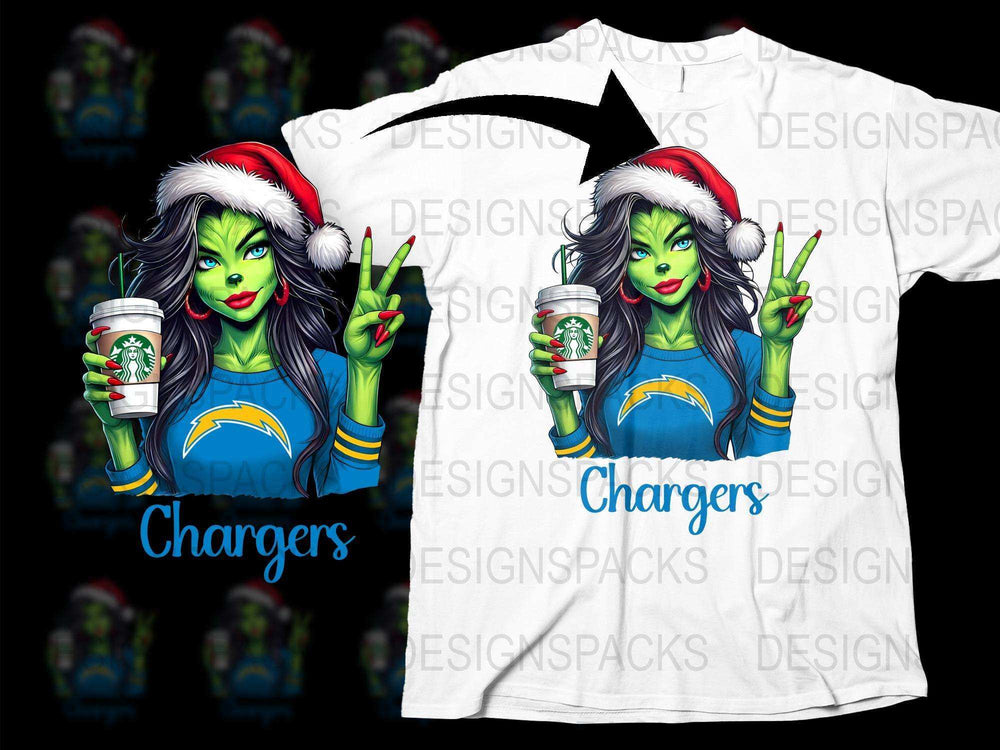 Fantasy Football T-Shirt, Holiday Elf with Coffee, Chargers Fan Gear, Colorful Graphic Tee, Unique Christmas Gift