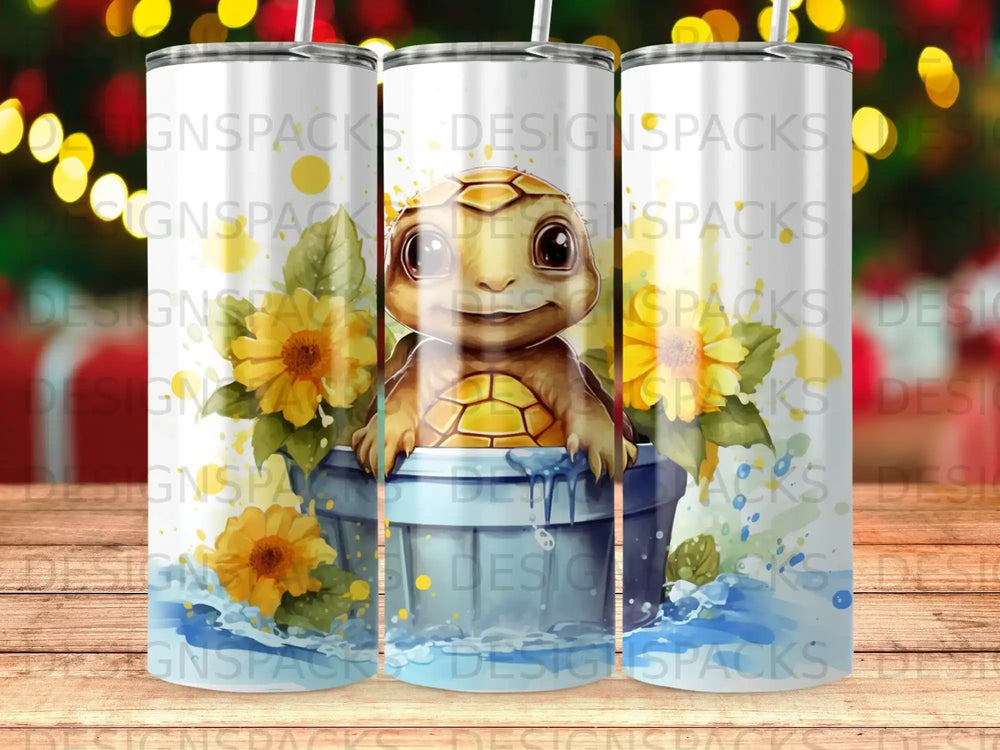 Cute cartoon turtle in a bucket with sunflowers and water splashes.