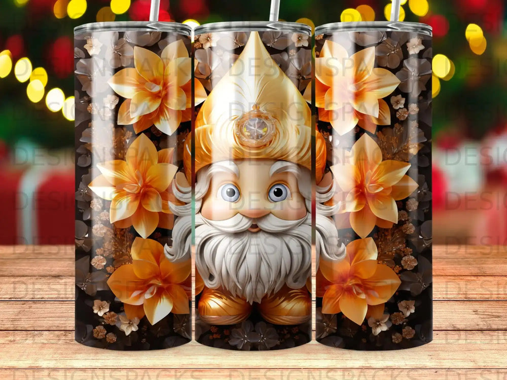 Santa Claus with orange flowers and wood grain pattern on a tumbler.