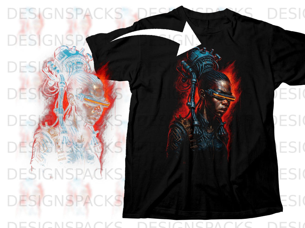 Black t-shirt featuring a cyberpunk portrait with glowing goggles and mechanical implants.