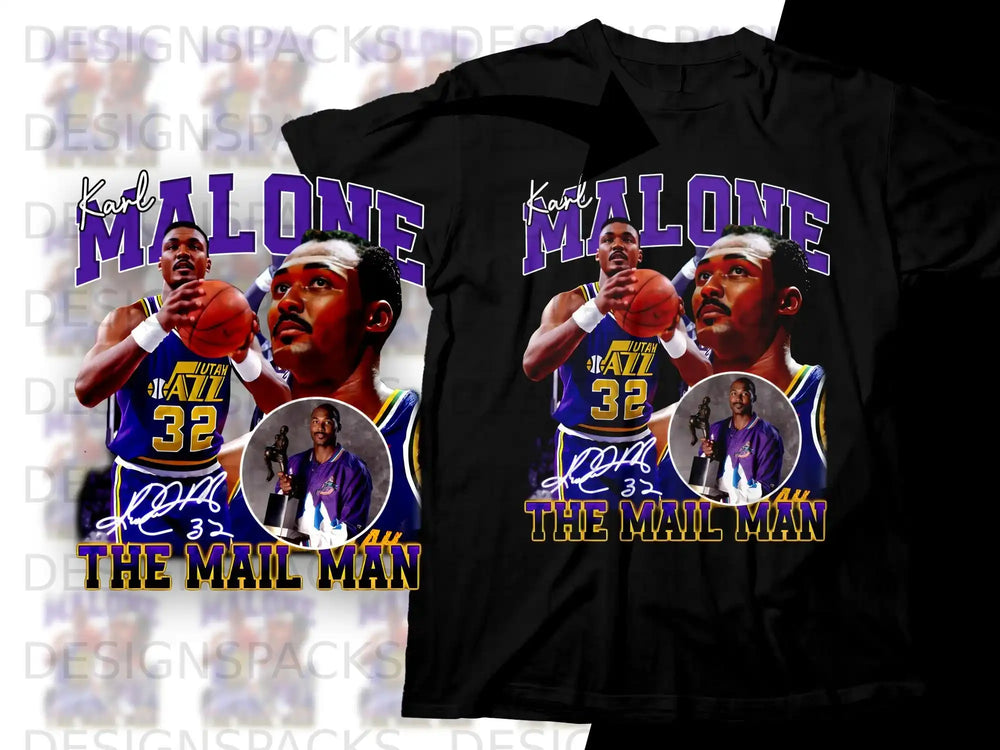 Karl Malone "The Mailman" Utah Jazz basketball t-shirt with his portrait.