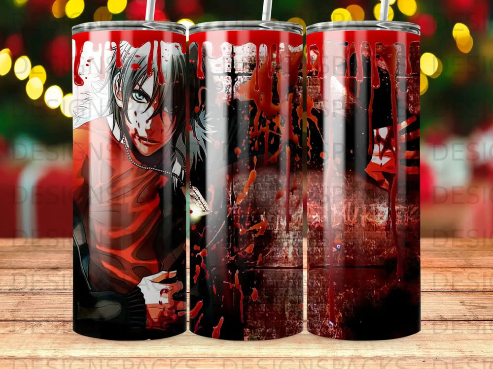 Anime character with red splatters on a dark tumbler.