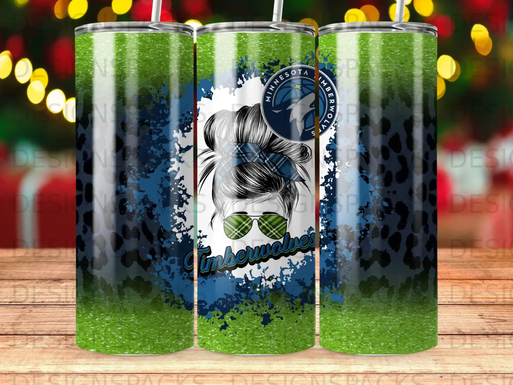 Minnesota Timberwolves tumbler with glitter and leopard print design.