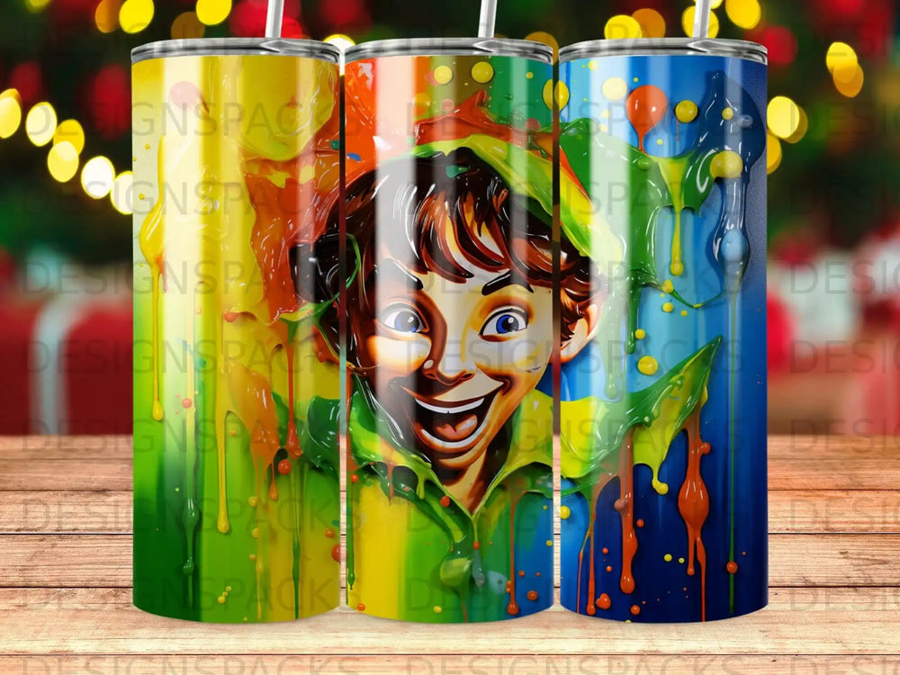 A child's face covered in bright paint splatters.