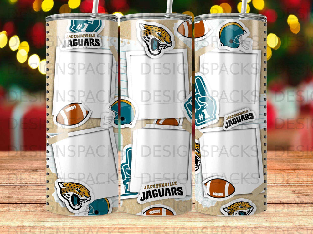 Jacksonville Jaguars tumbler with football helmets and team logos.