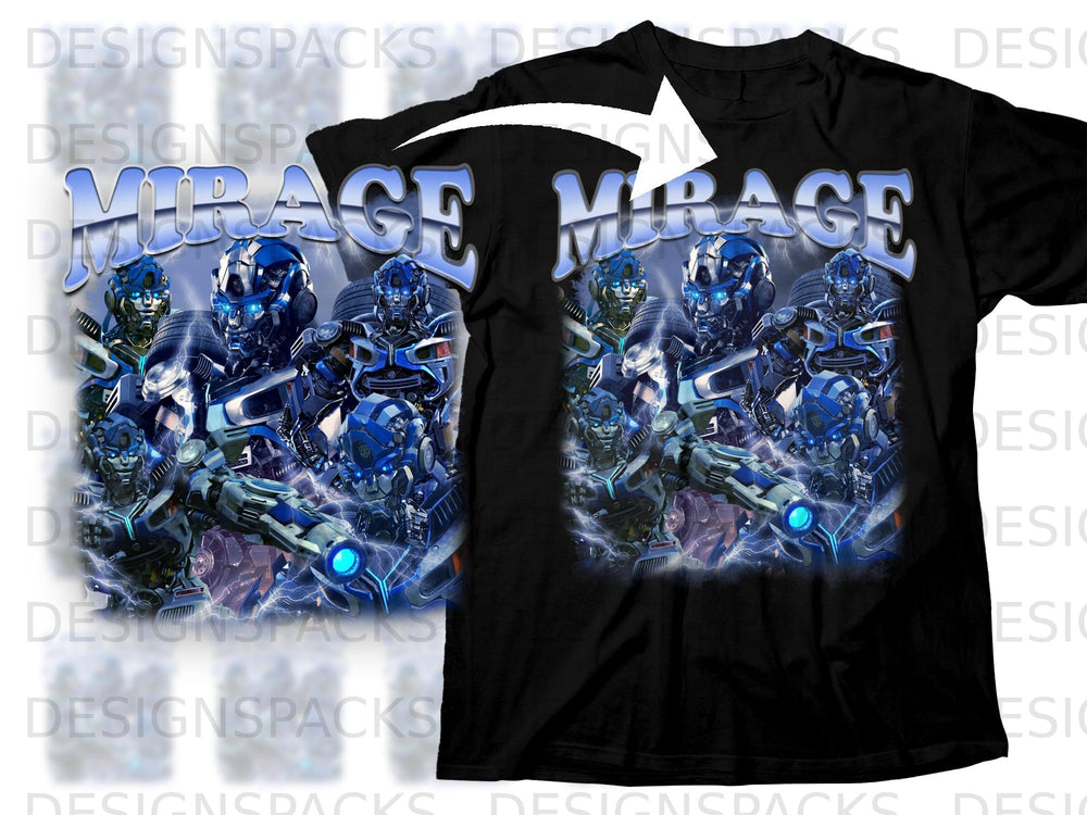 Black t-shirt with blue robots and text "MIRAGE" in a lightning effect.