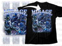Load image into Gallery viewer, Black t-shirt with blue robots and text "MIRAGE" in a lightning effect.
