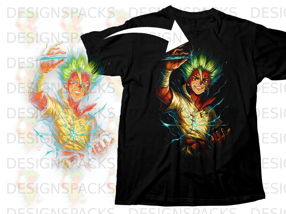 Black t-shirt featuring anime character Senku Ishigami with E=mc² on shirt.