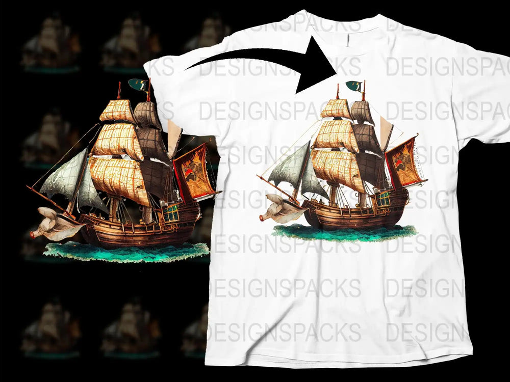 Vintage Pirate Ship Graphic T-Shirt, Nautical Ocean Theme, Men's White Tee, Unique Maritime Design, Gift for Sailors