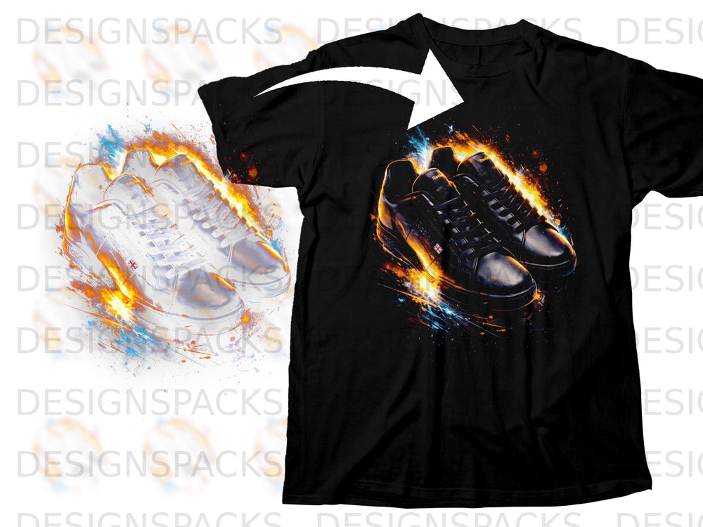 Black t-shirt with a graphic of black sneakers engulfed in flames.