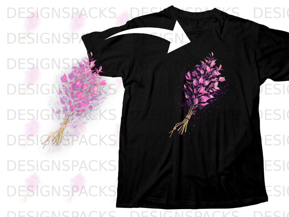 Black t-shirt with a watercolor bouquet of purple and pink leaves graphic.