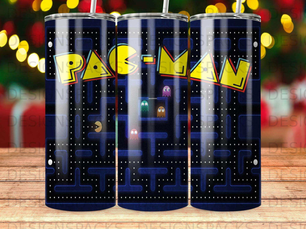 Pac-Man ghosts and maze pattern on a blue tumbler.