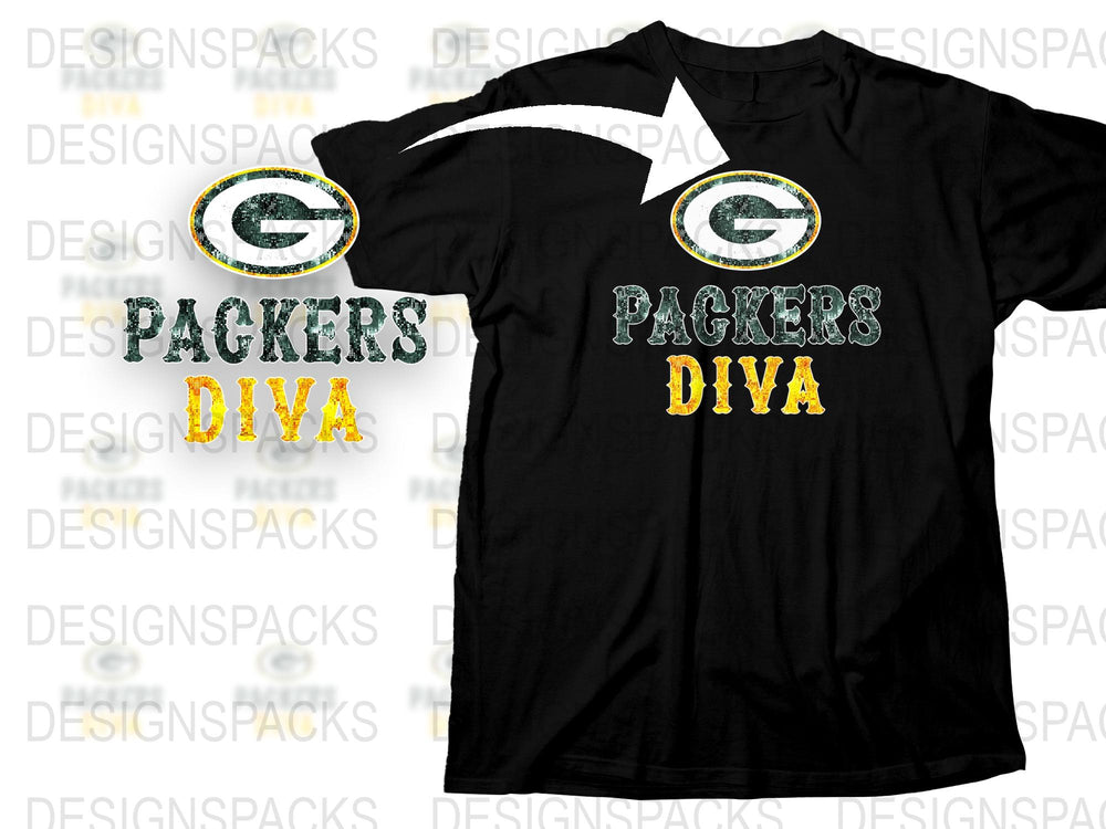 Packers Diva T-Shirt, Women's Black Football Fan Tee, Green and Yellow Logo, Casual Sports Apparel, Gift for Her