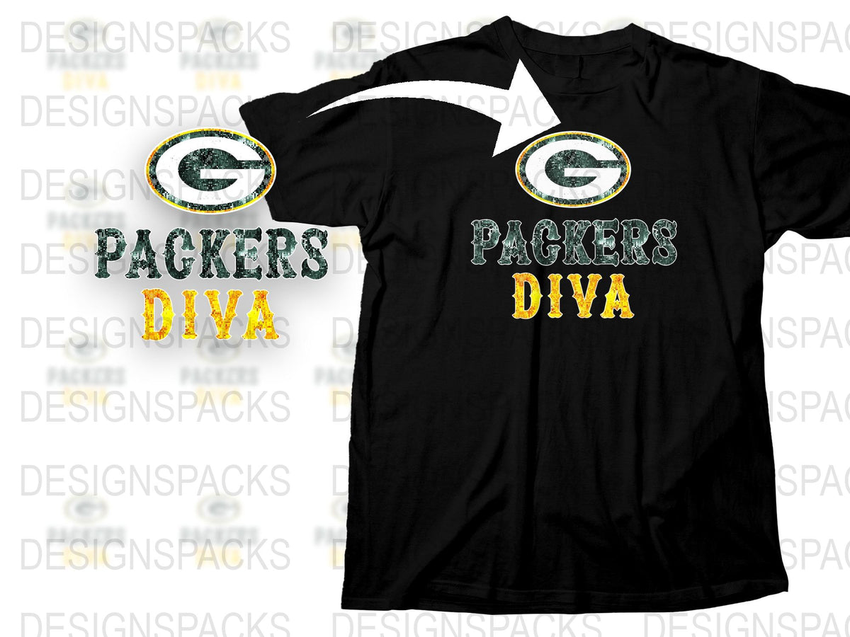 Packers Diva T-Shirt, Women's Black Football Fan Tee, Green and Yellow Logo, Casual Sports Apparel, Gift for Her