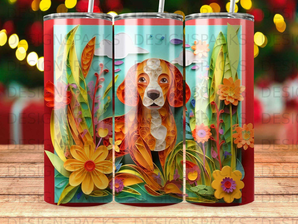 Orange tabby dog with floral pattern on a tumbler.