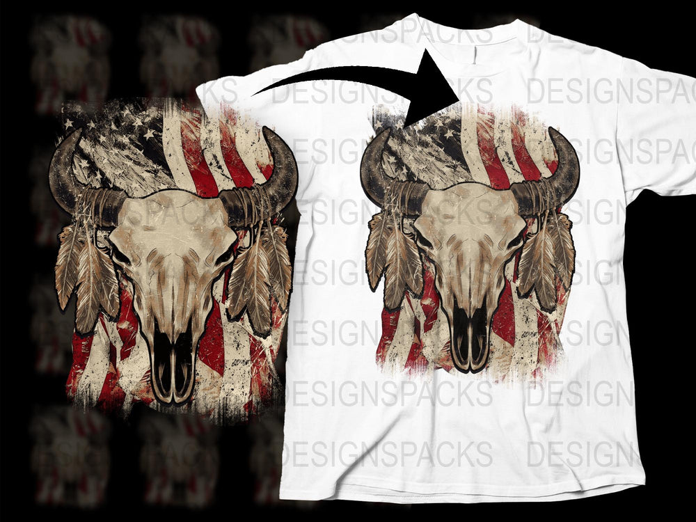 Buffalo Skull T-Shirt with Red Streaks Native American Feather Design, Unisex Graphic Tee
