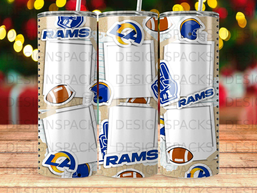 Los Angeles Rams tumbler with team logo and football elements.