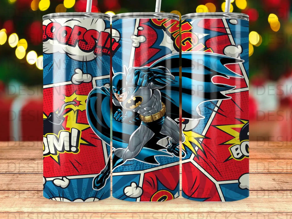 Batman in dynamic action pose against comic book style pop art background.