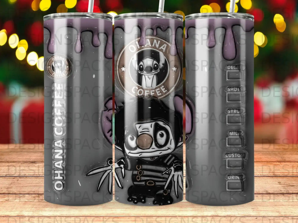 Stitch character on a tumbler with "OHANA COFFEE" and drink options.