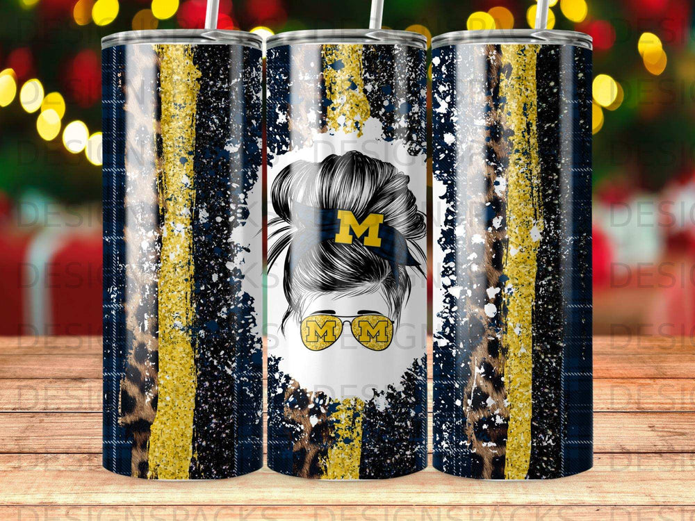 Tumbler with leopard print, blue and yellow stripes, and Michigan Wolverines "M" logo.