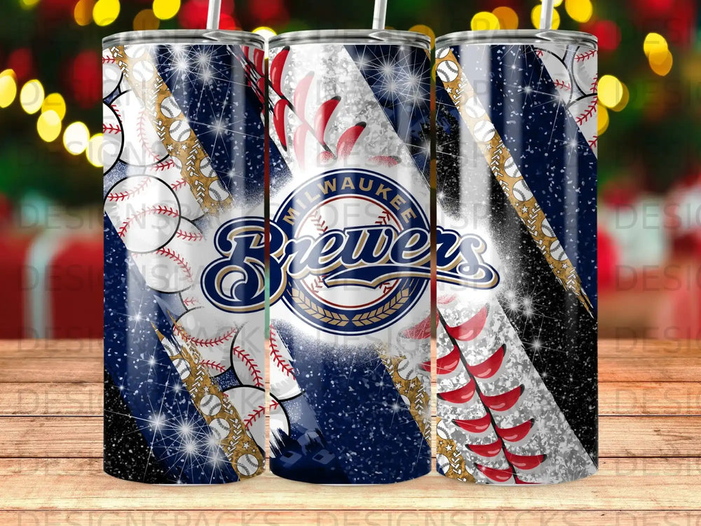 Milwaukee Brewers baseball team logo on a sparkly tumbler with baseballs and bats.