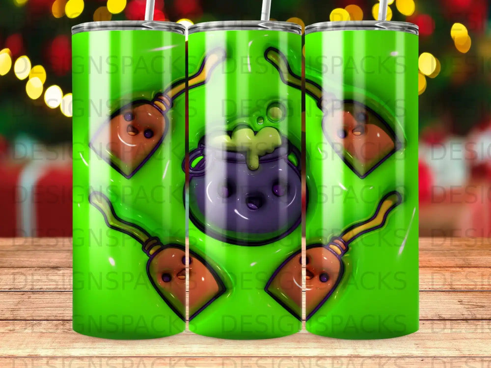 Green tumbler with Halloween theme: cauldron, broom, and spooky eyes.