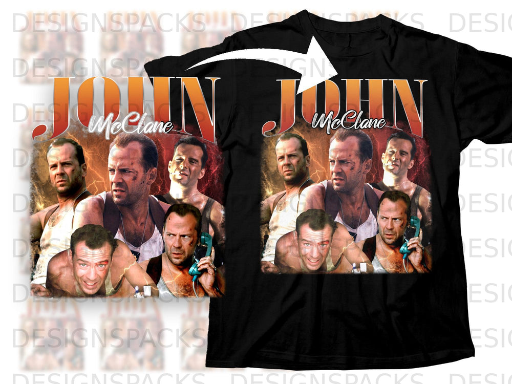 Black t-shirt graphic with "JOHN MCCLANE" text and Bruce Willis's image.