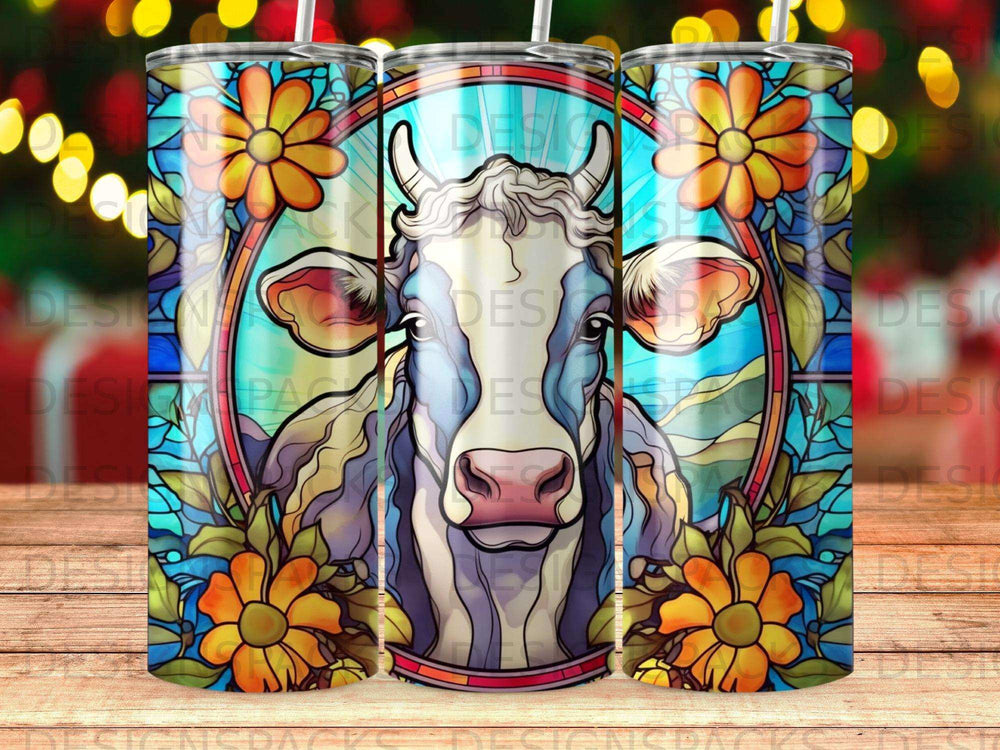 Cow with stained-glass floral frame on a tumbler.