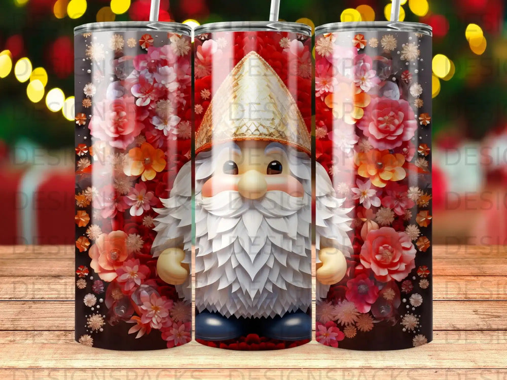 Gnome with white beard and red floral pattern on tumbler.