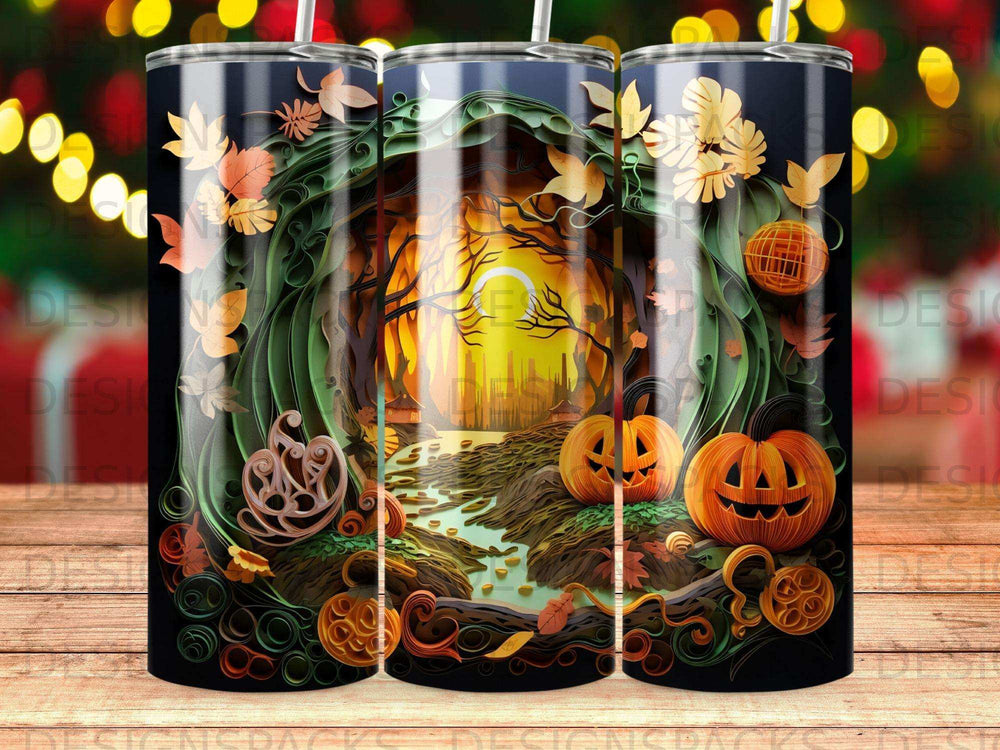 Autumn forest scene with pumpkins, leaves, and rolling hills.