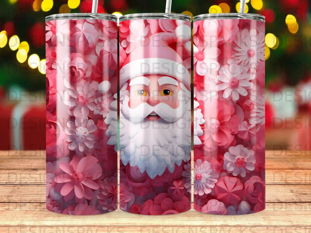 Santa Claus and pink flowers on a festive tumbler.