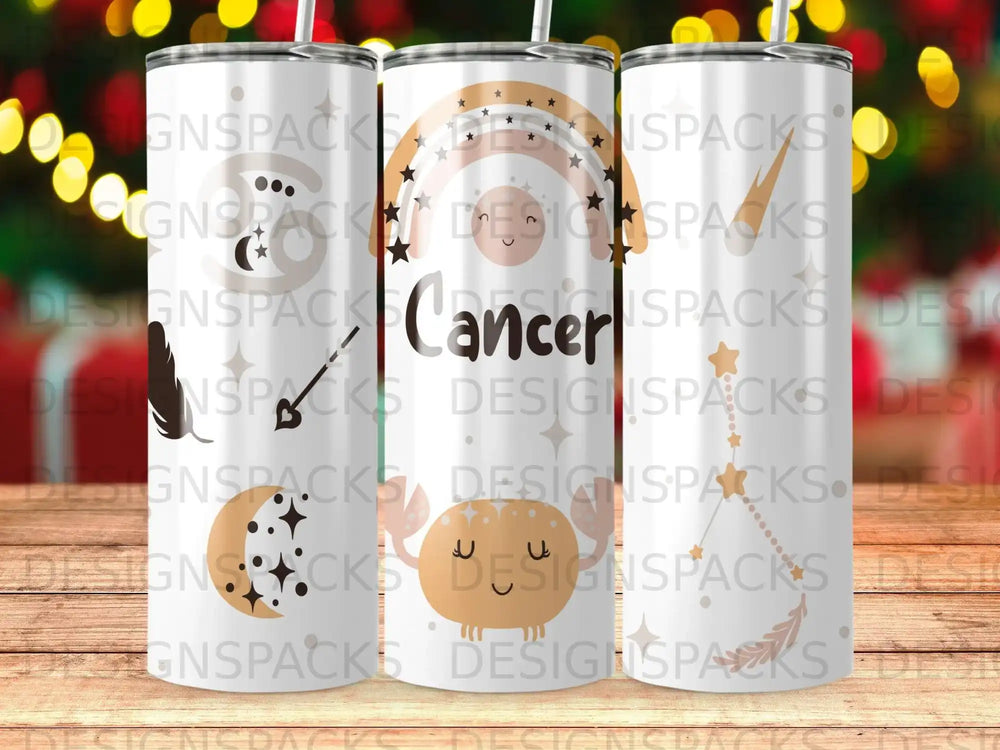 Cancer tumbler with crabs, stars, and rainbow sun.