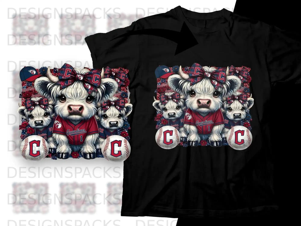 Black t-shirt with repeating pattern of cartoon cows wearing Guardians jerseys and baseballs.