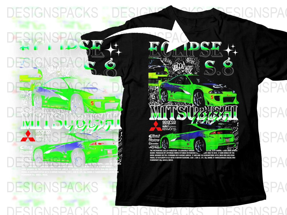 Vibrant Green Eclipse Mitsubishi Car Graphic T-Shirt, Racing Themed Apparel, Unisex Cotton Tee