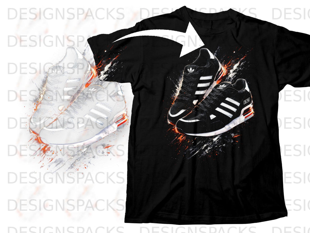 Black t-shirt featuring a graphic of black and white Adidas sneakers with orange accents.