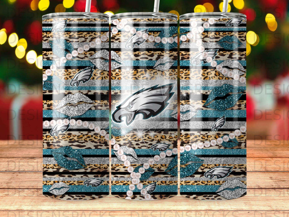 Philadelphia Eagles tumbler with leopard print, glitter, and pearl accents.