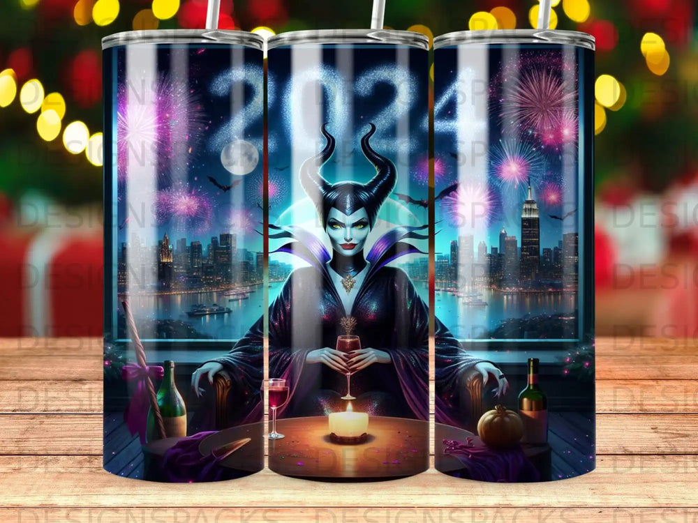 Maleficent wearing a black dress, holding wine, sits at a table with a candle and pumpkin.