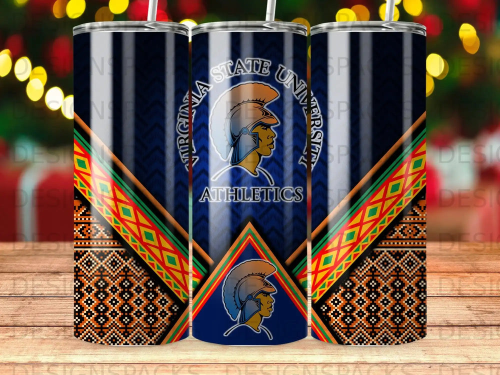 Virginia State University Athletics tumbler with geometric patterns and profile of a person in a helmet.