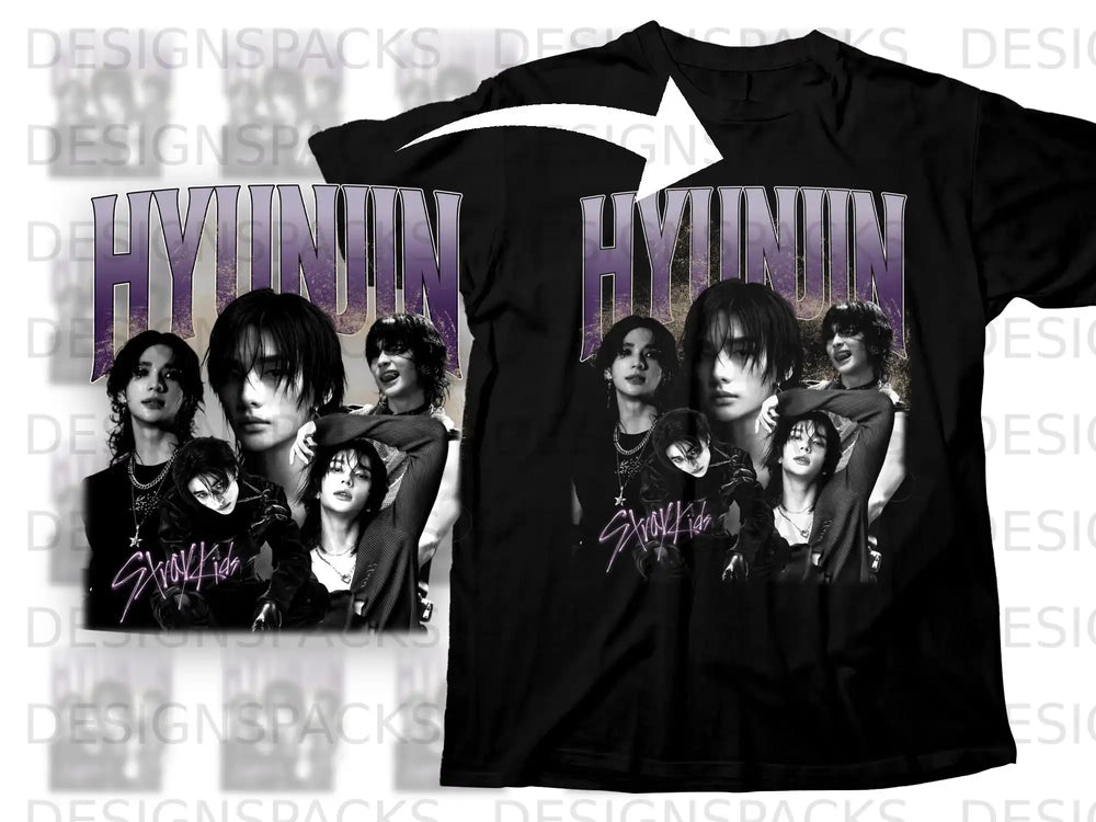 SKZ Hyunjin graphic t-shirt with distressed text and group photos.