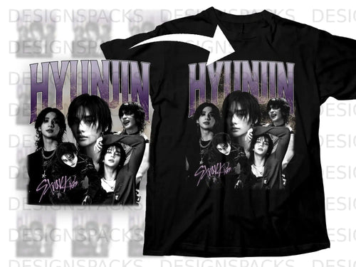 SKZ Hyunjin graphic t-shirt with distressed text and group photos.