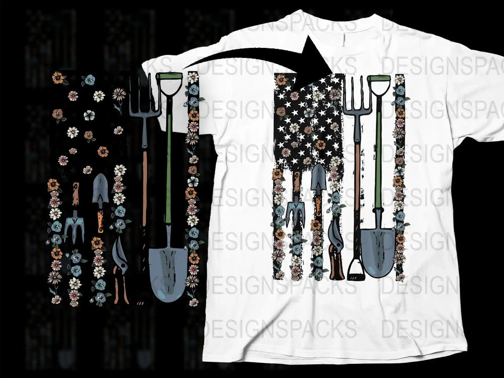 Unique Floral and Star Pattern Garden Tools Print Unisex White T-Shirt