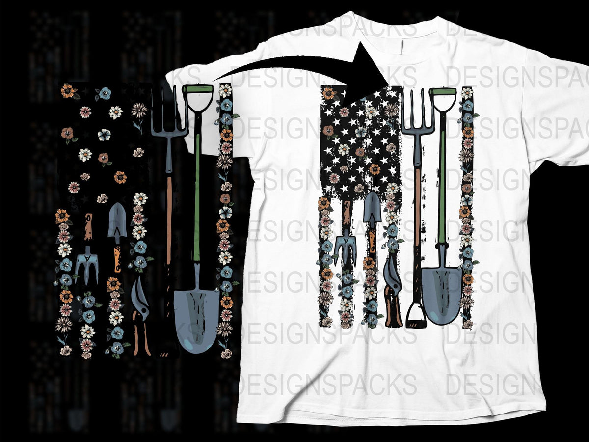 Unique Floral and Star Pattern Garden Tools Print Unisex White T-Shirt