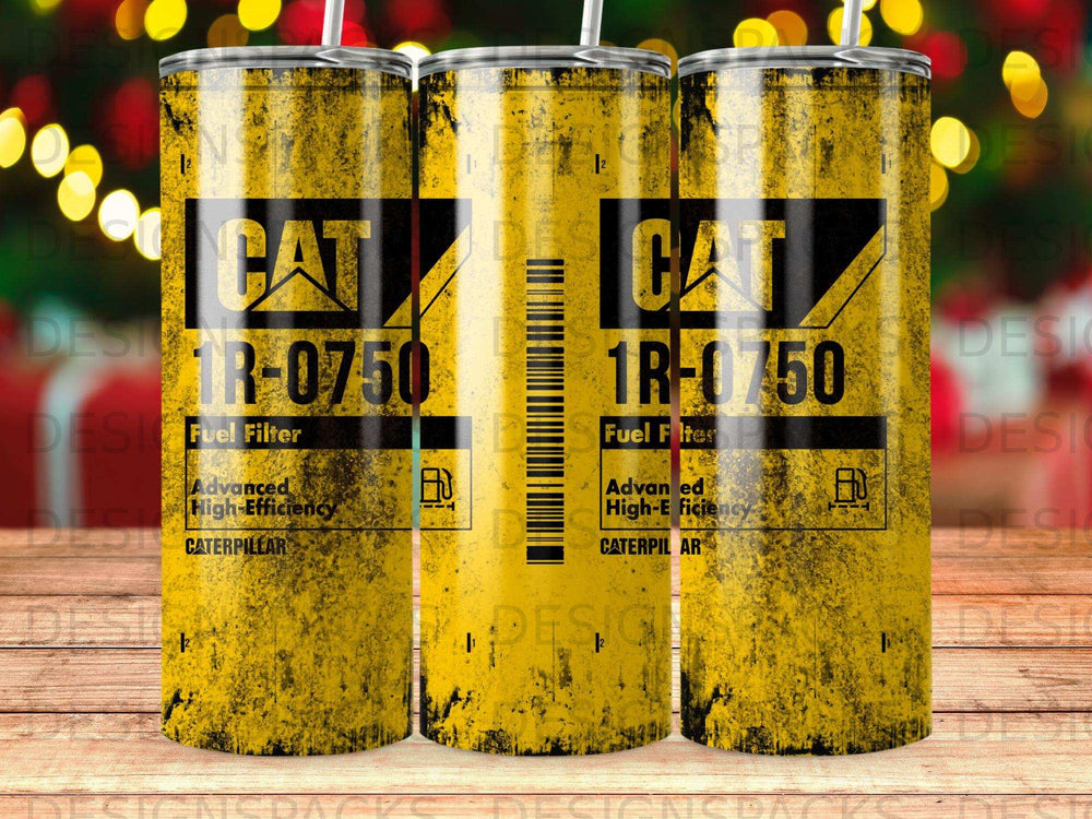 Yellow Caterpillar 1R-0750 fuel filter tumbler with repeated CAT logo.