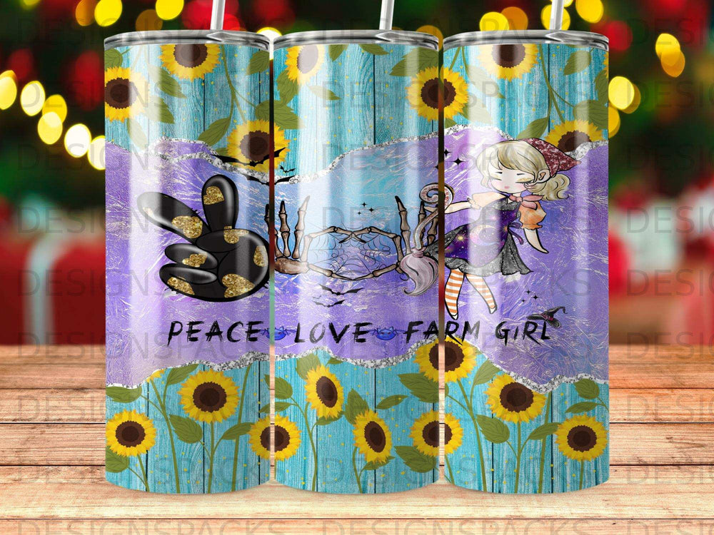 Peace Love Farm Girl tumbler with sunflowers and a girl holding a spider.