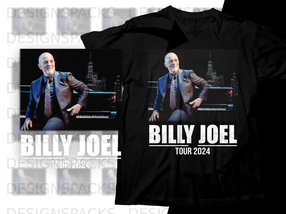 Billy Joel with "BILLY JOEL TOUR 2024" text on a black t-shirt.