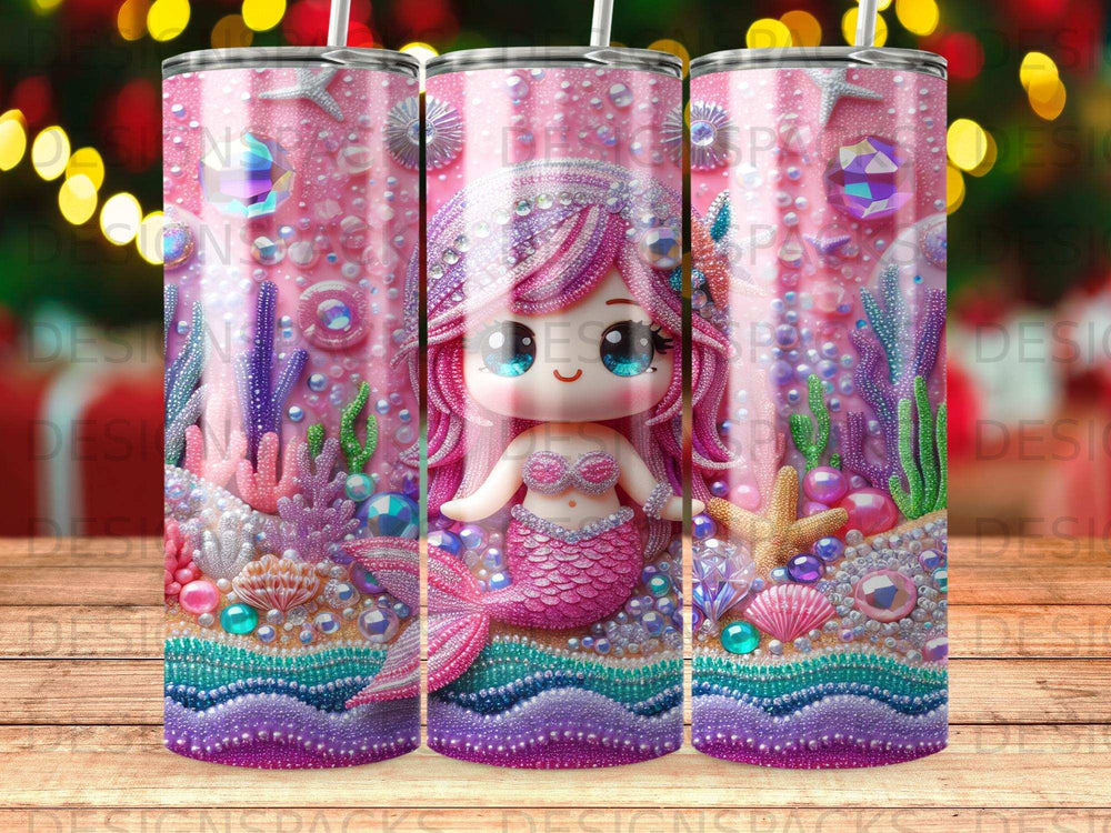 Sparkling mermaid with pink hair and tail among colorful sea life.