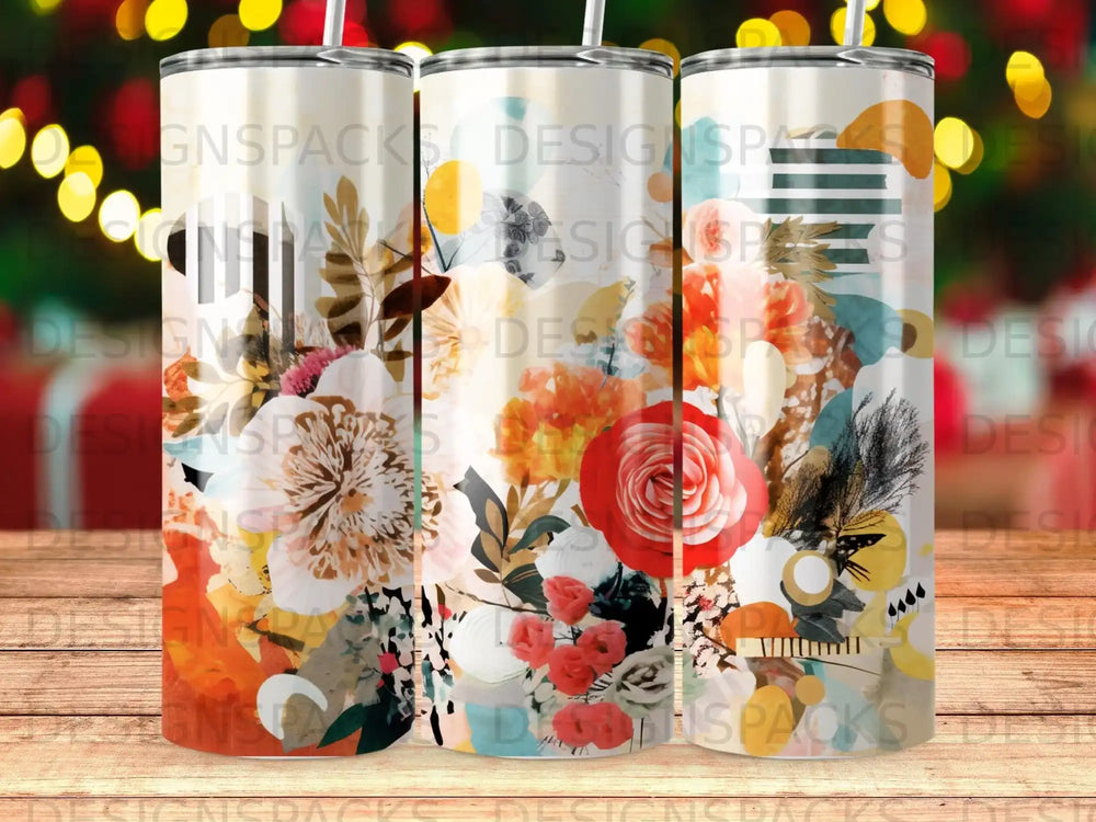 Floral and abstract pattern on three insulated tumblers with straws.