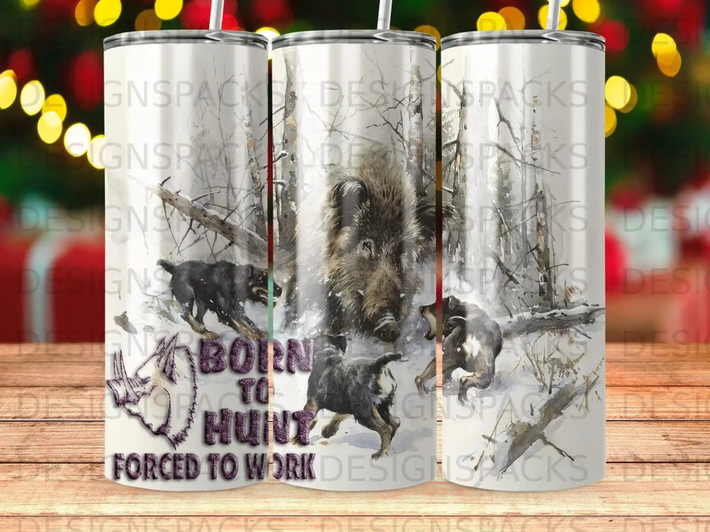 Wild boar and dogs hunting, text reads "Born to Hunt".