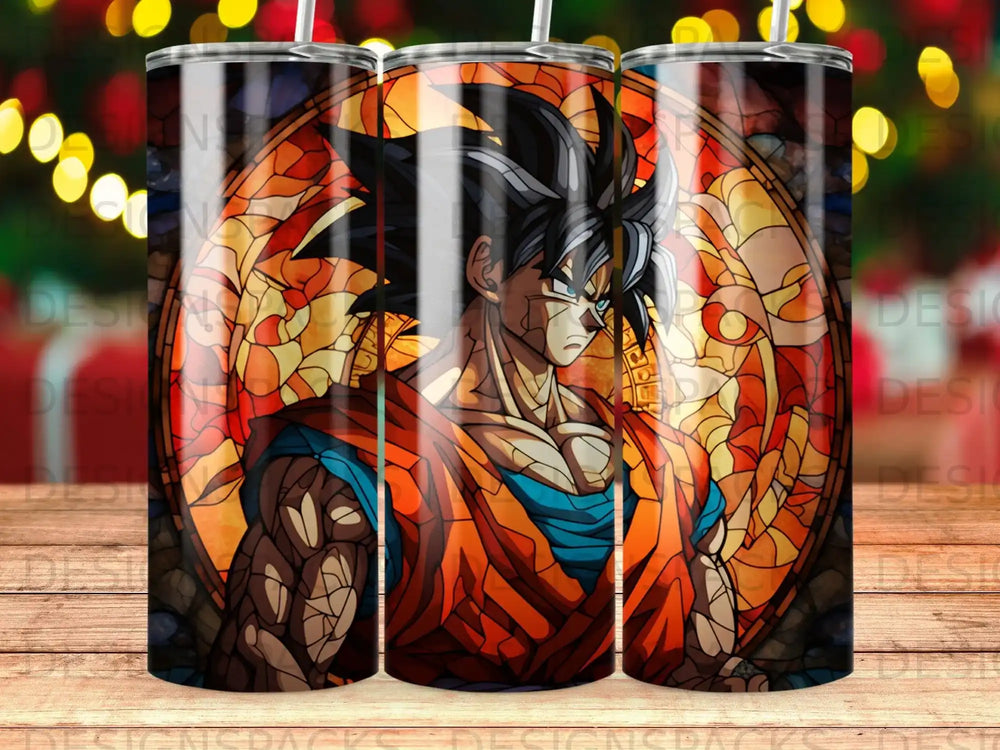 Dragon Ball Z Goku stained glass tumbler design with colorful geometric background.